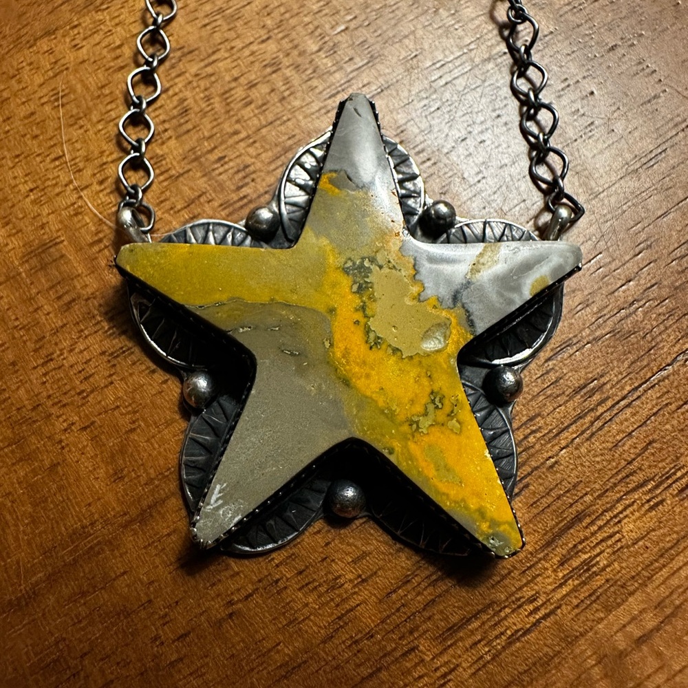 Genuine Navajo bumblebee Jasper, Tia, Long handmade Silver Star Pendant Necklace
